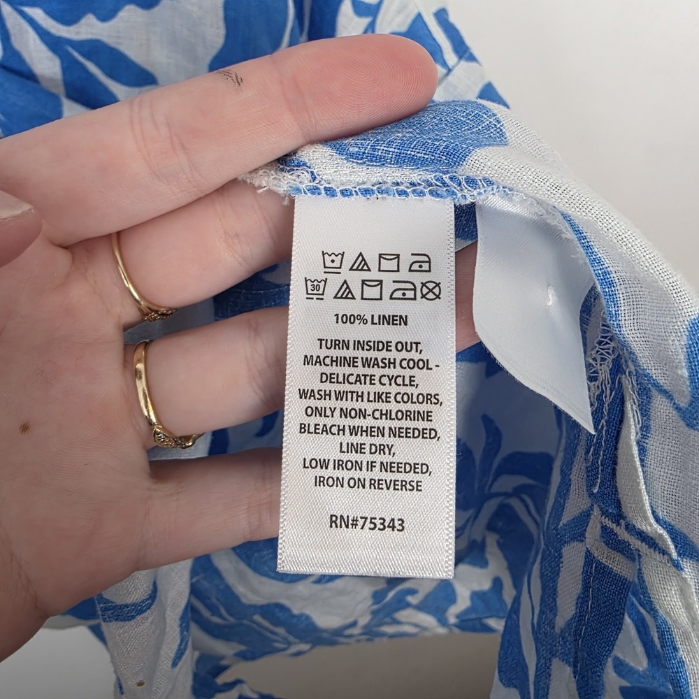 Rachel Zoe Blue White Printed 100% Linen Beachy Coastal Button Up Shirt Size XL - Picture 4 of 6